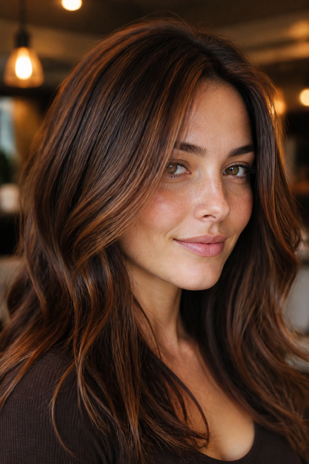 Close-up of a woman with copper babylights on chocolate brown hair