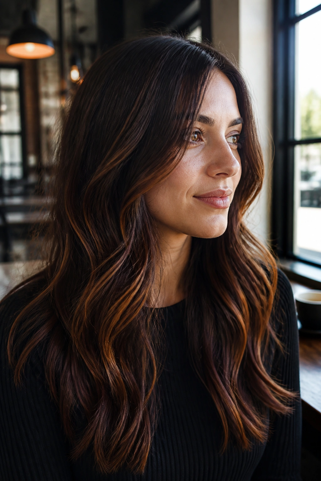 Close-up portrait of a woman with copper babylights on espresso brown hair