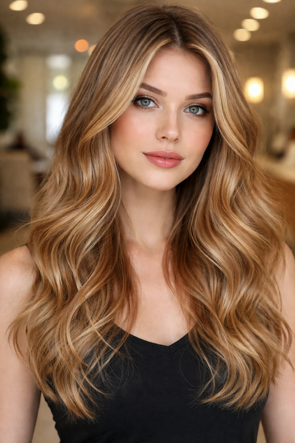 Close-up portrait of a real woman with copper babylights on cool blonde base