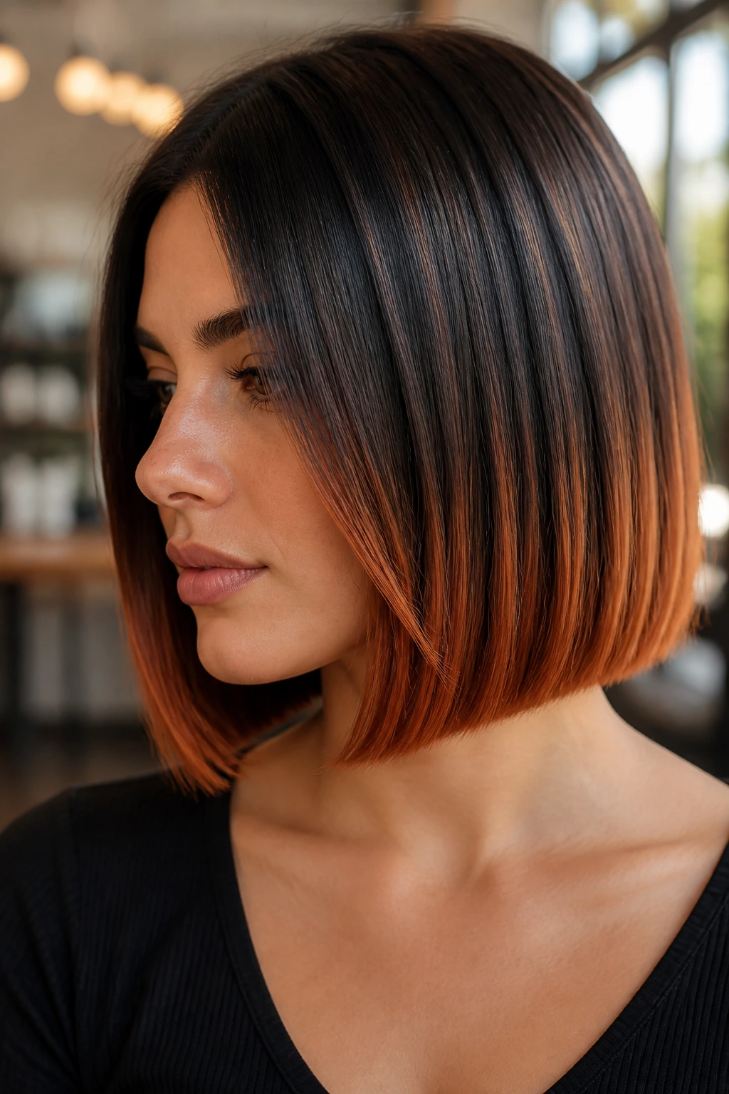 Close-up of a real woman with a blunt bob showing copper balayage from mid-length to ends.