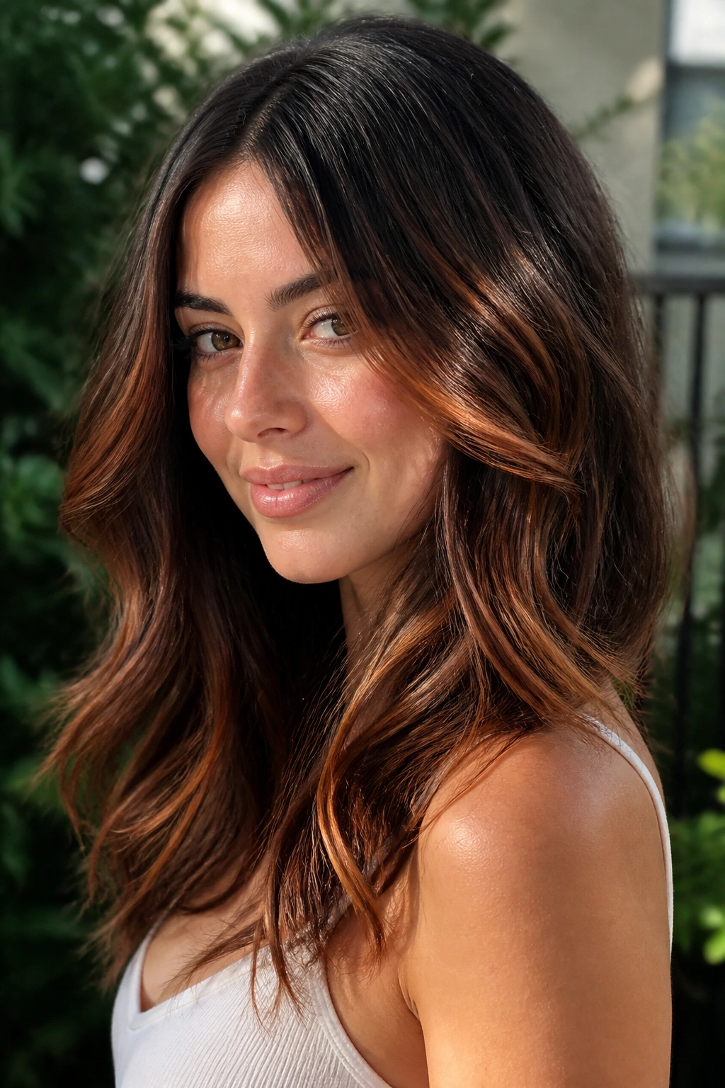 Close-up of chocolate brown hair with copper-kissed balayage highlights.