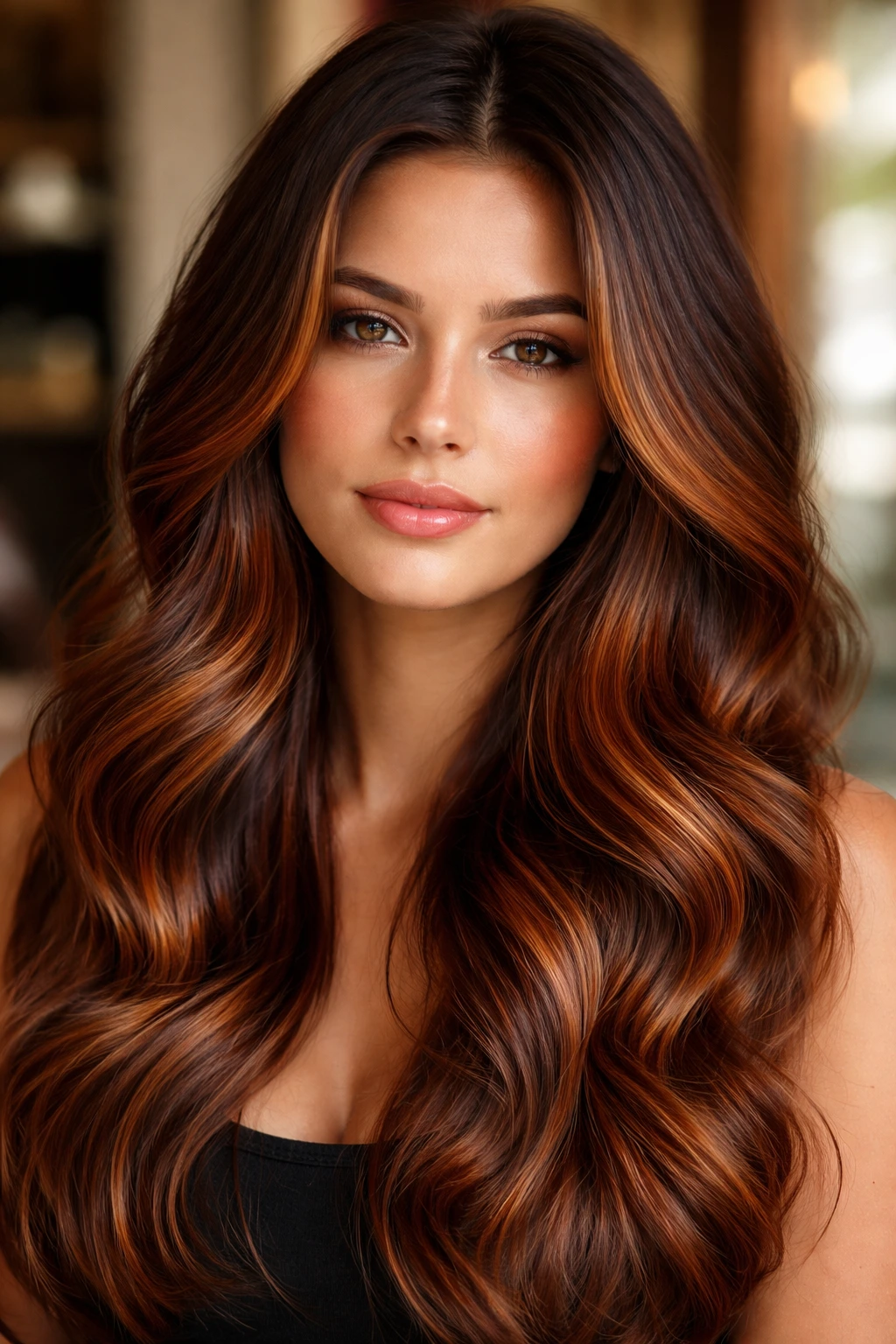 Close-up of a real woman with copper balayage on dark brown hair