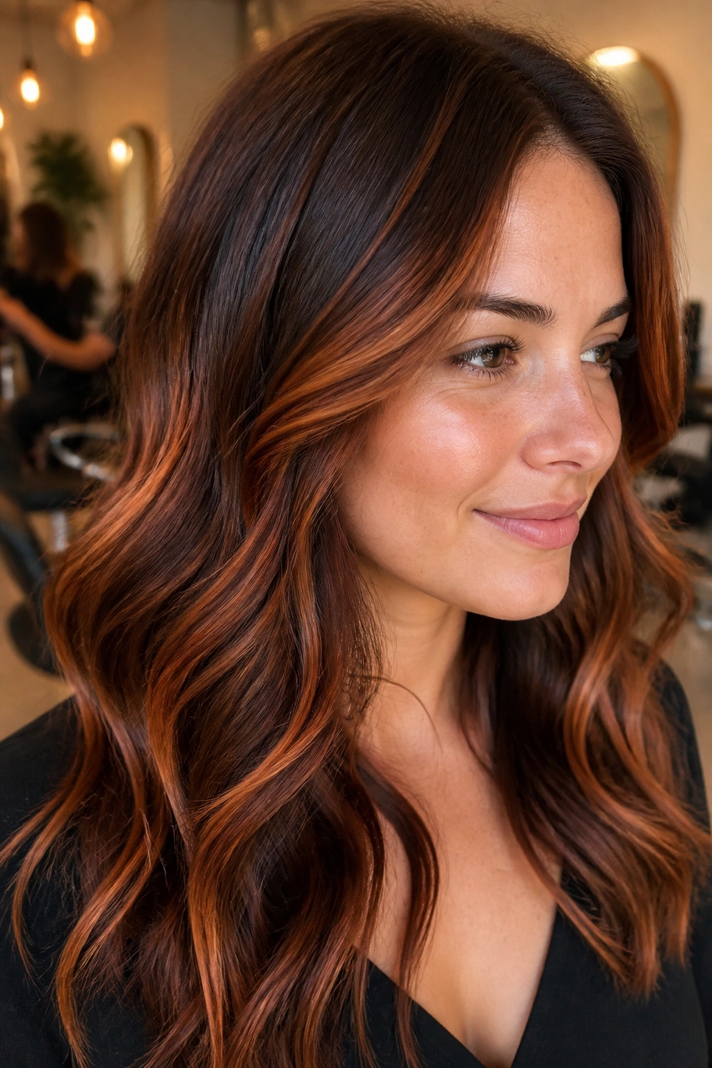 Chestnut brown hair with copper balayage highlighting around the hairline.