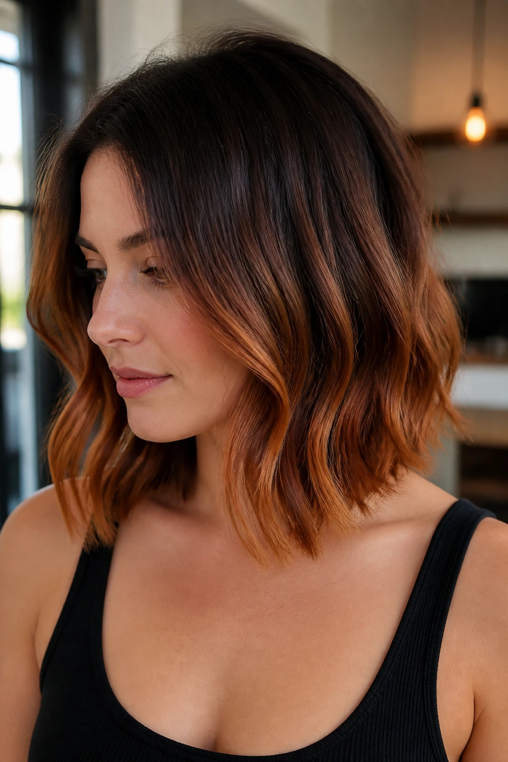 Medium close-up of a real woman with a collarbone-length lob and copper balayage.