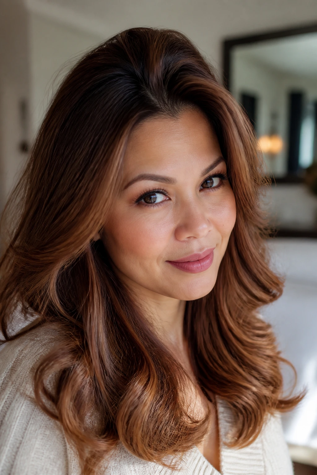 Close-up of a real woman with copper-brown balayage and crown lift