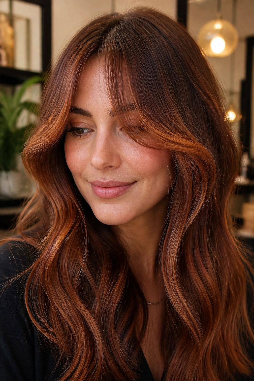 Portrait of a real person with curtain bangs and copper balayage framing the face
