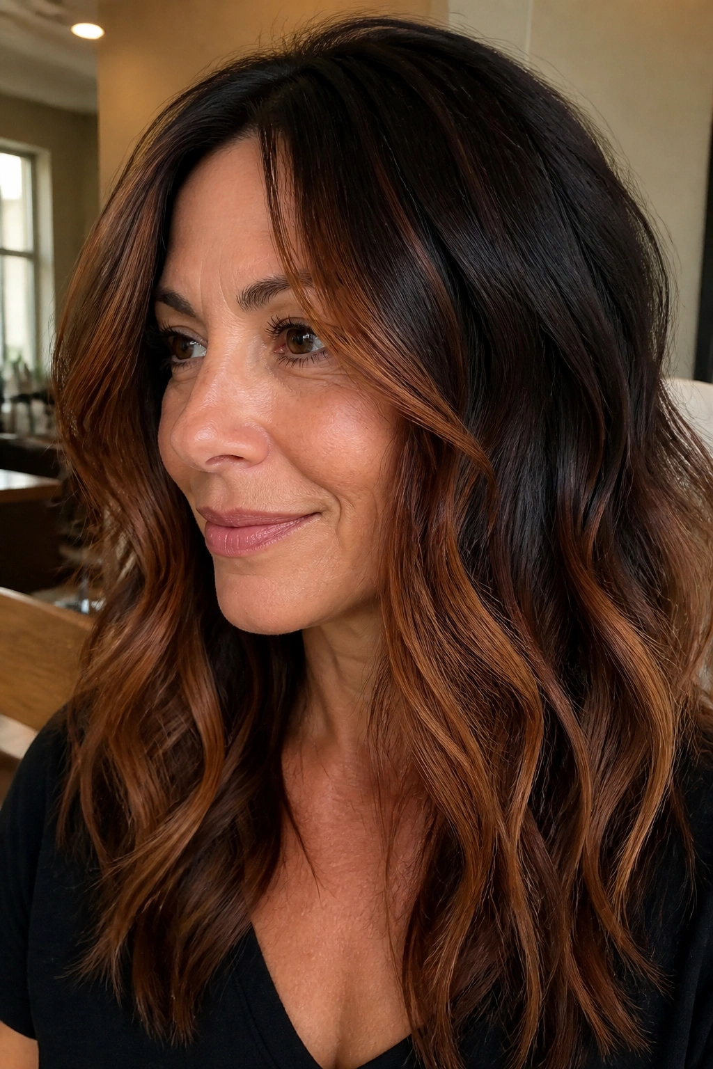 Close-up of copper balayage on dark brown hair with face-framing ribbons