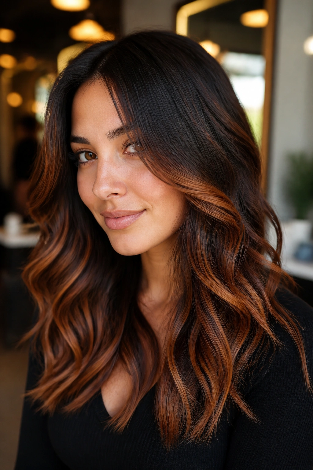 Close-up of a real person with copper balayage on dark hair in a warm salon setting.