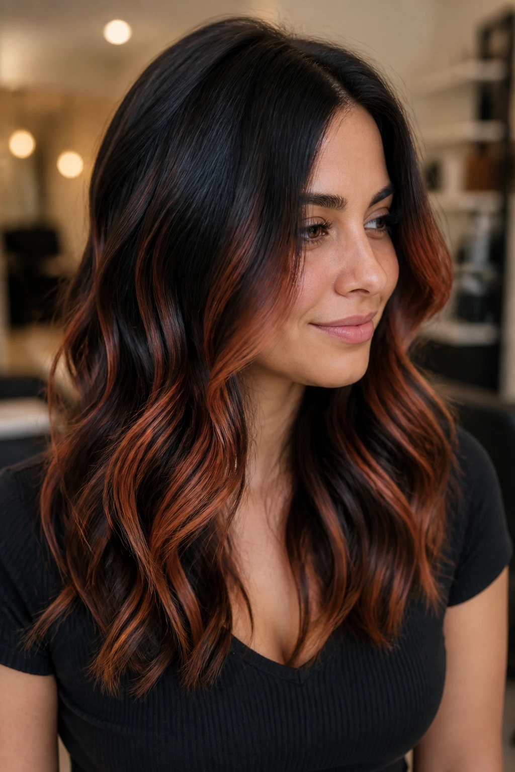 Portrait of a woman with espresso base hair and copper balayage highlights