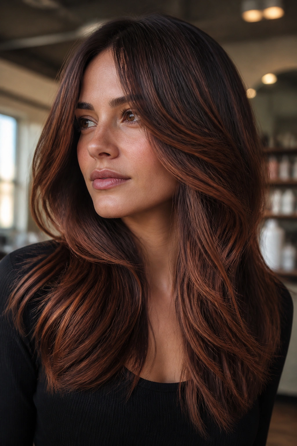 Close-up portrait of a real woman with copper mushroom balayage on brunette hair under natural window light
