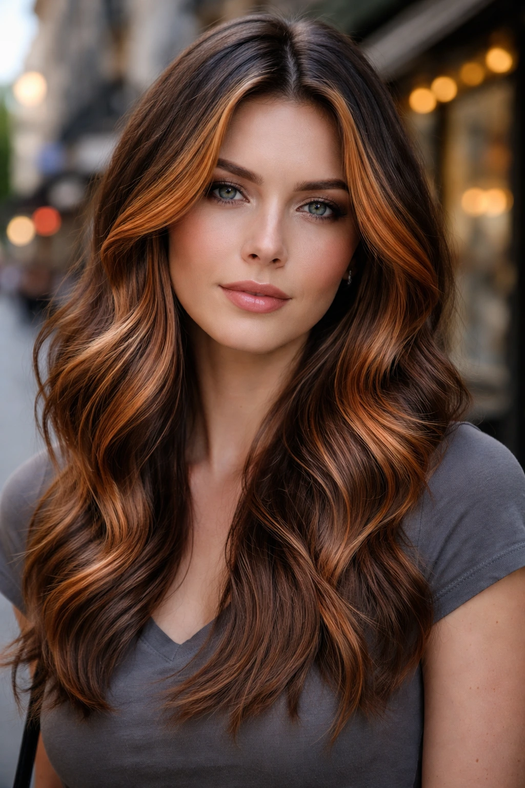 Close-up portrait of a real woman with copper balayage in natural daylight