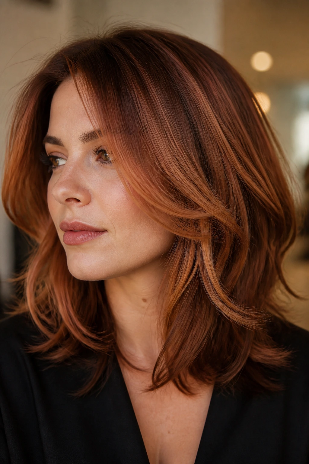 Close-up portrait of a woman with copper balayage layered cut, face-framing highlights.