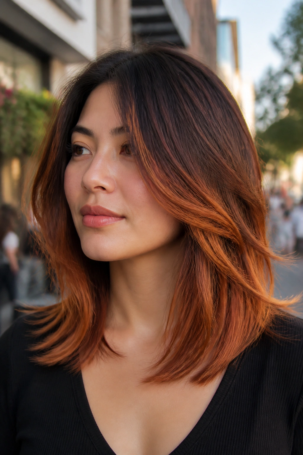 Portrait of a woman with layered mid-length copper balayage