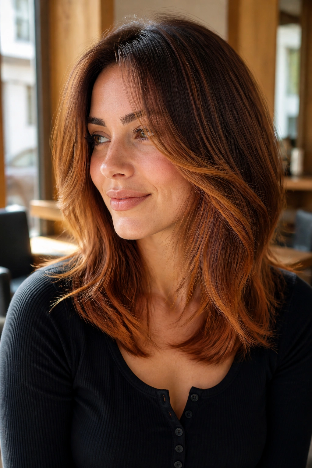 Close-up of a real woman with copper balayage on layered mid-length hair by a window in a salon.