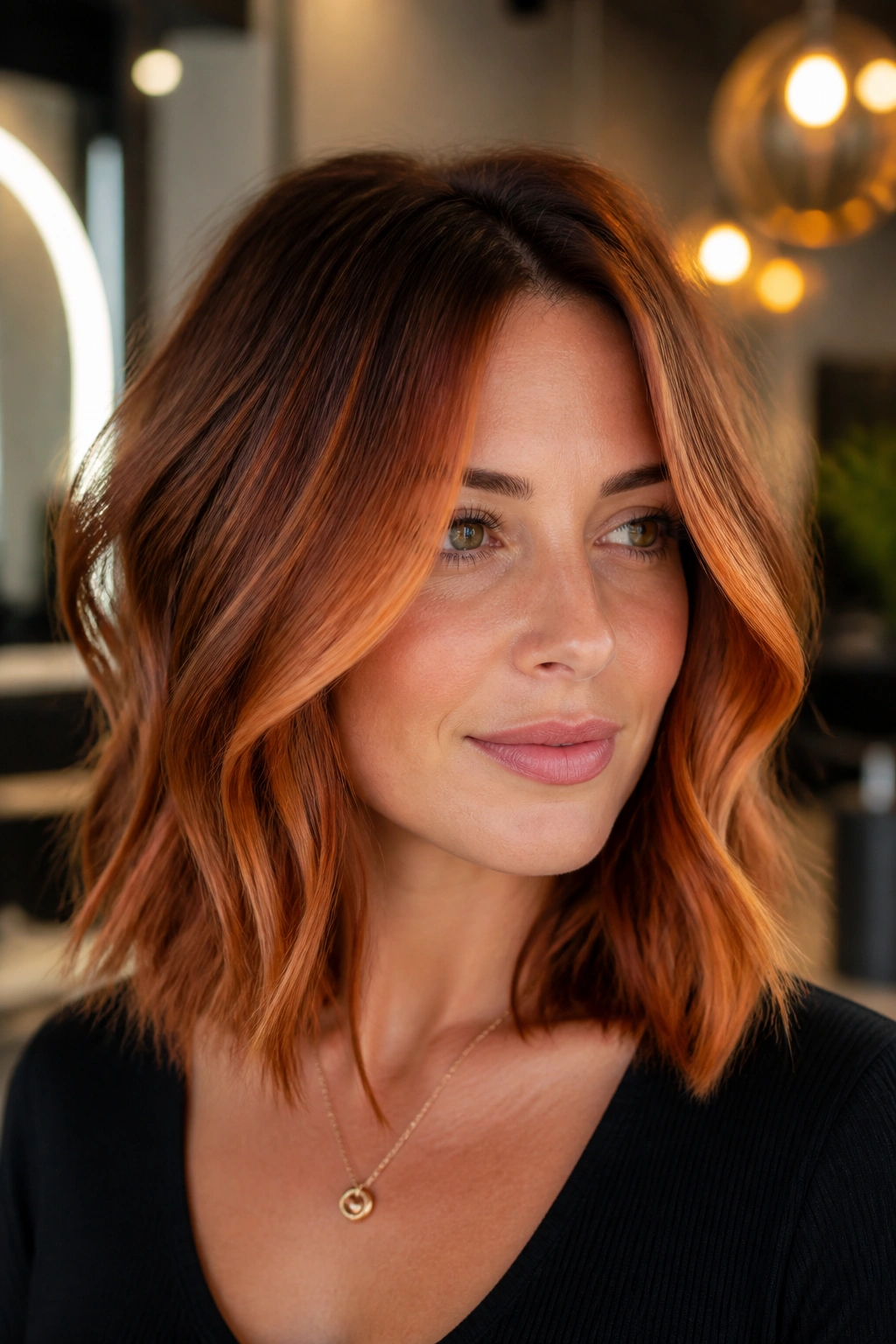 Close-up portrait of a woman with copper balayage lob and face-framing ribbons
