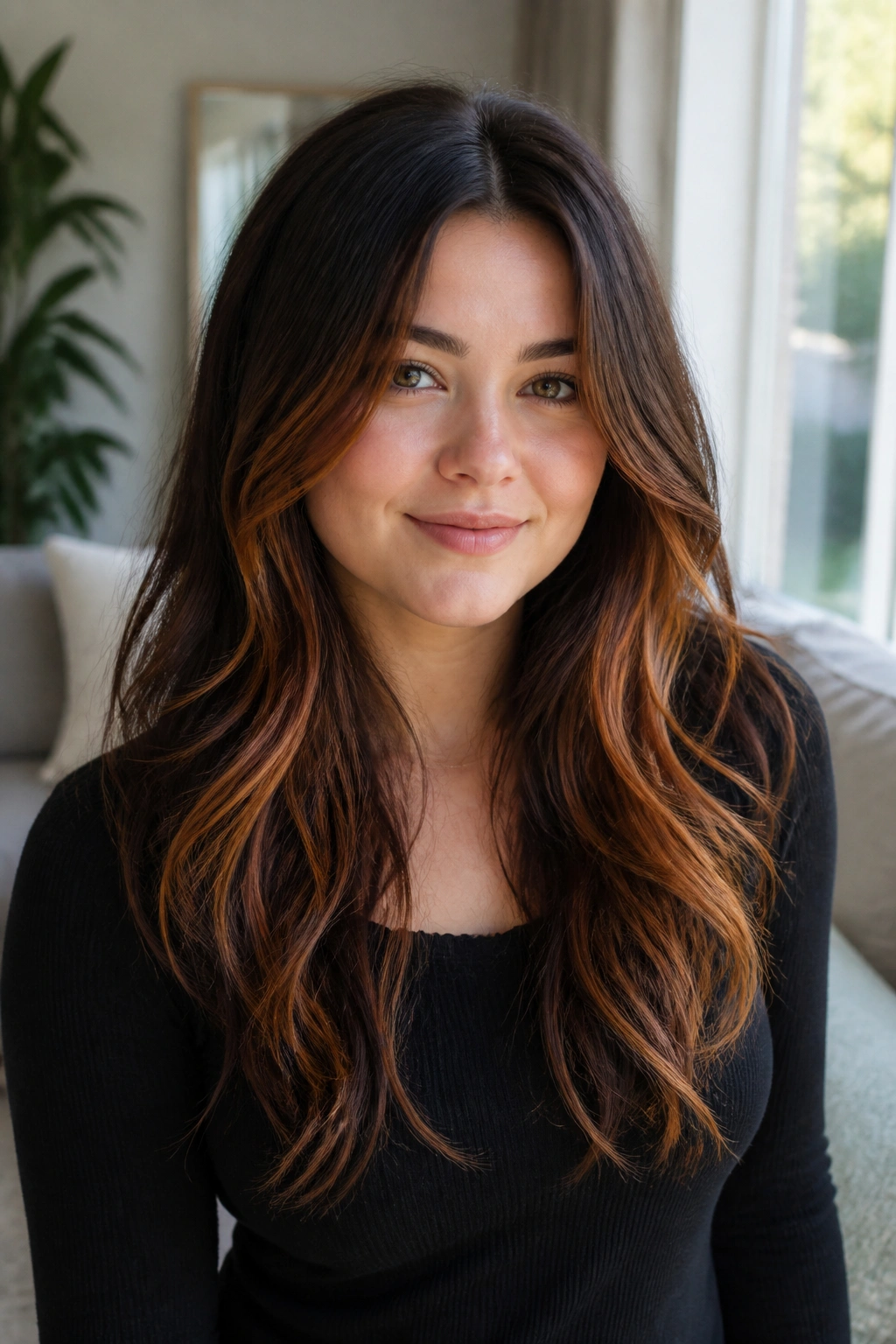 Portrait of a real woman with copper balayage on long layers