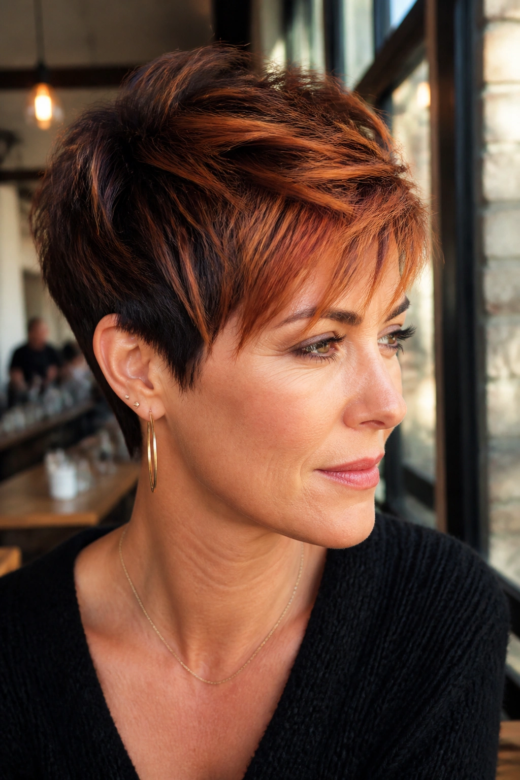 Real woman with copper balayage pixie and dark roots, showing crown depth.