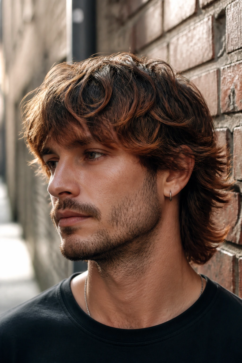 Close-up of a man with copper balayage on a shag haircut