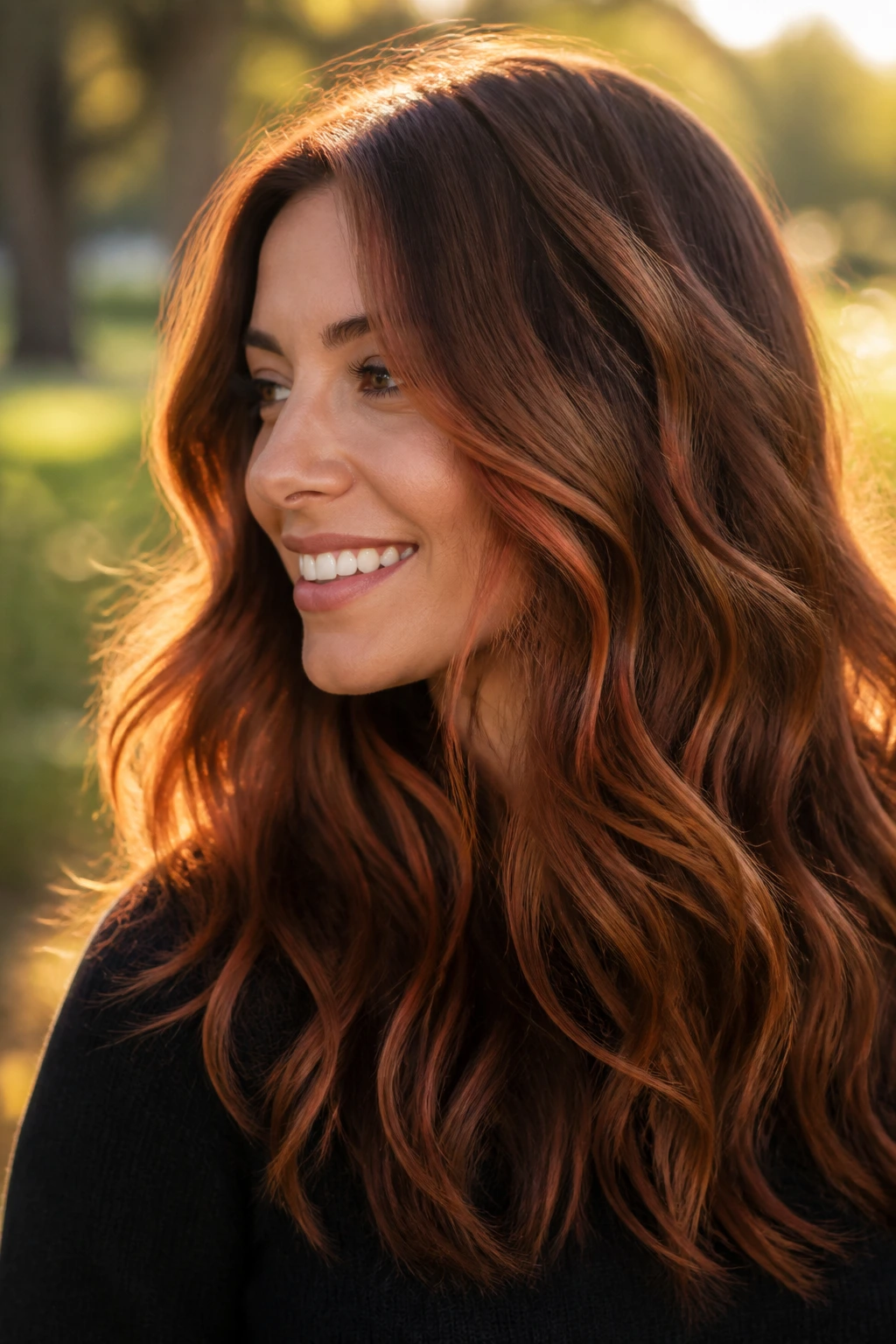 Close-up of a real woman with copper balayage on warm brown waves in golden hour light