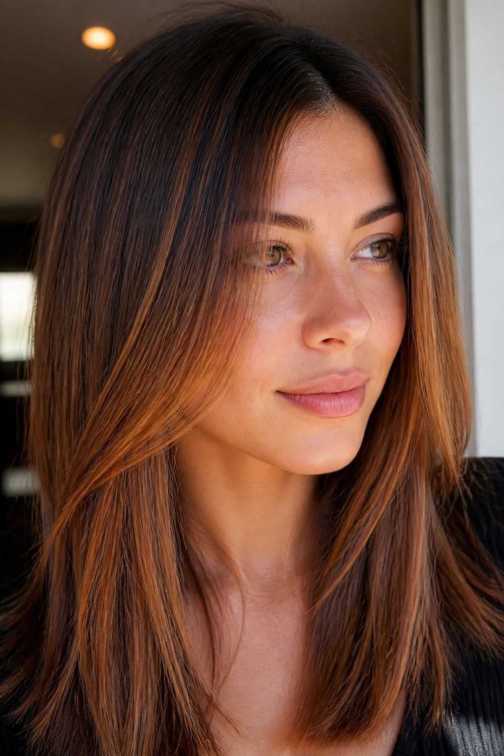 Close-up of real woman with copper-kissed balayage on straight hair