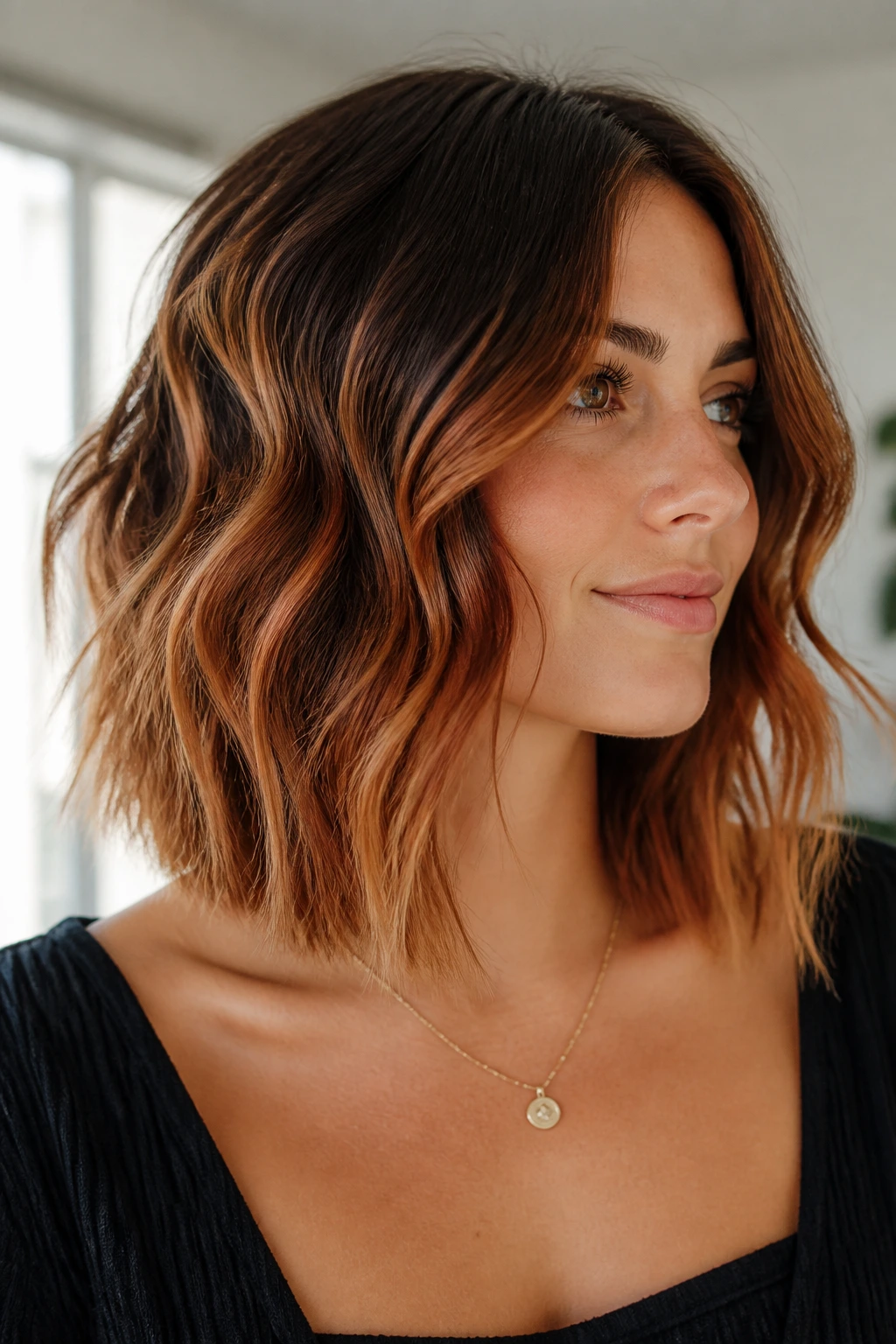 Medium close-up of copper balayage on a wavy lob hairstyle