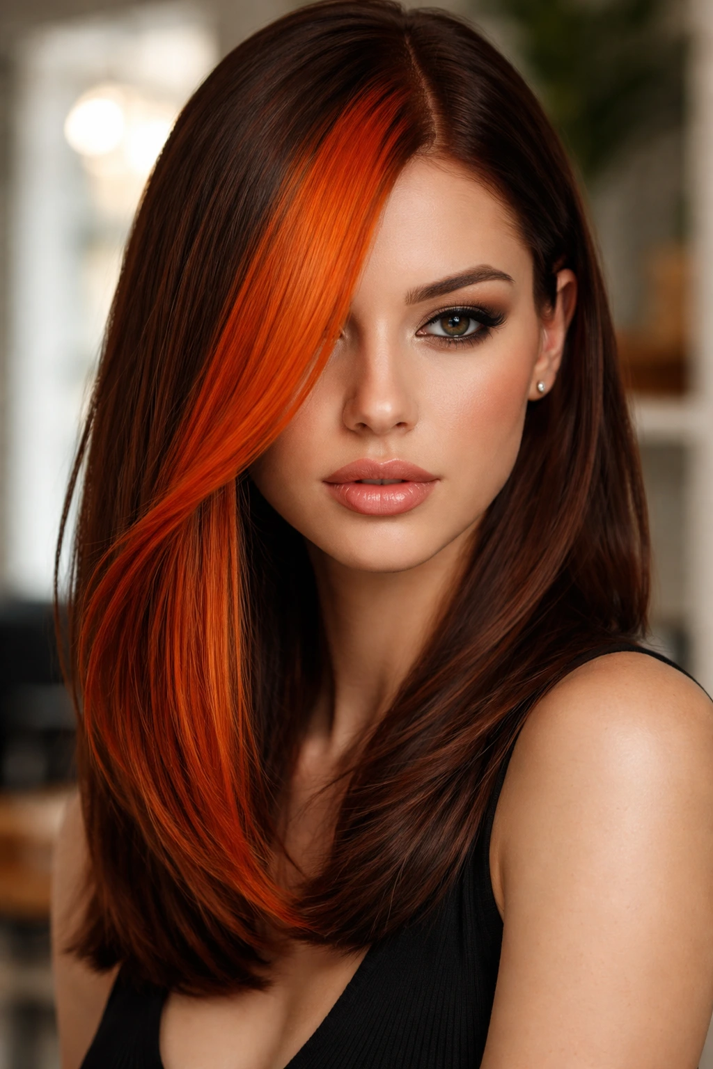 Close-up portrait of a real person with a vivid copper block color on brown hair