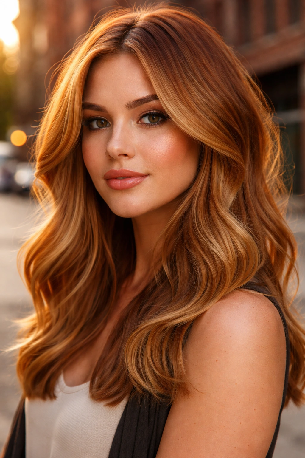 Portrait of a woman with copper-blonde hair featuring darker copper roots and lighter ends