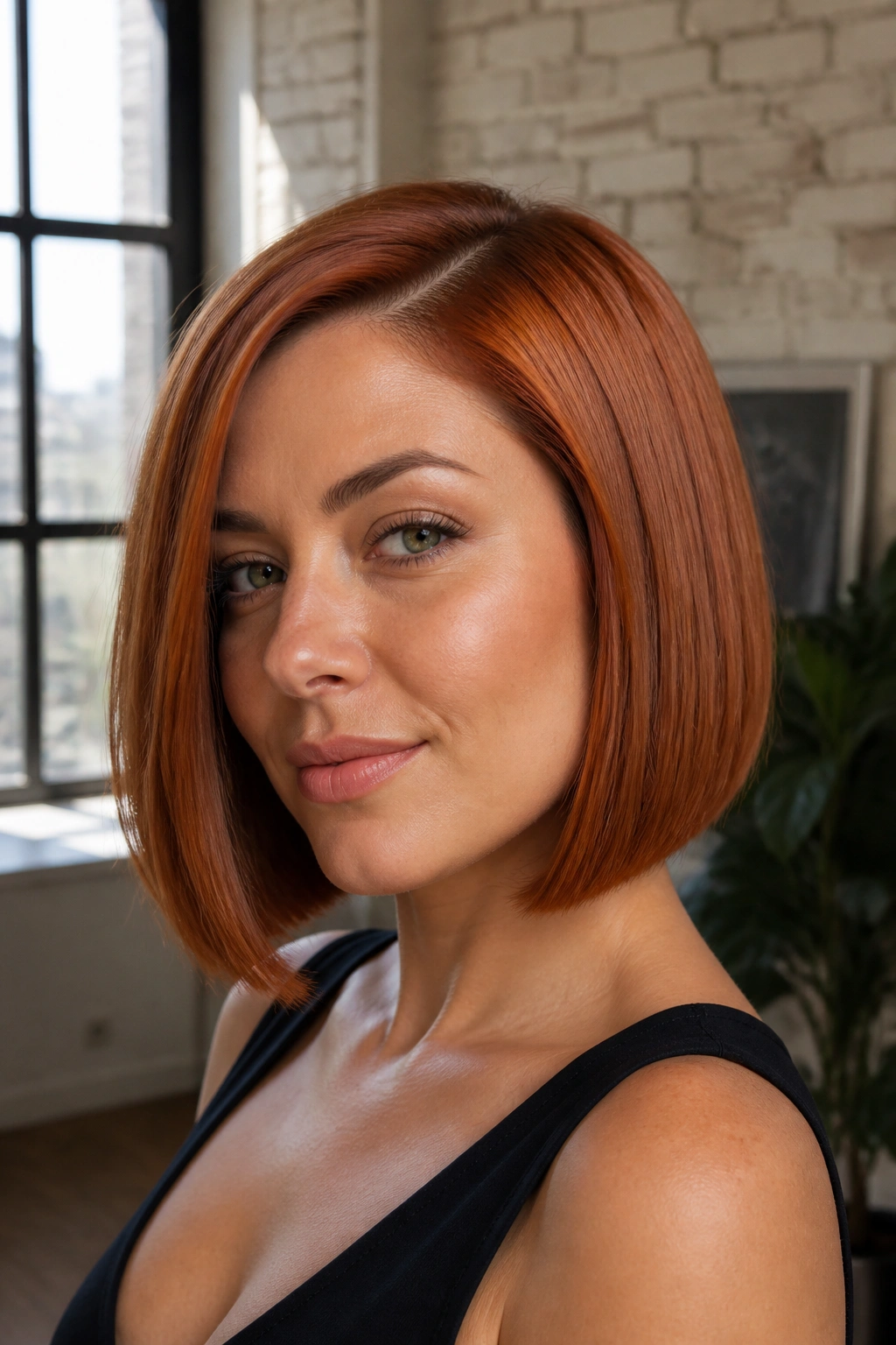 Close-up of a real woman with a sleek copper blunt bob.