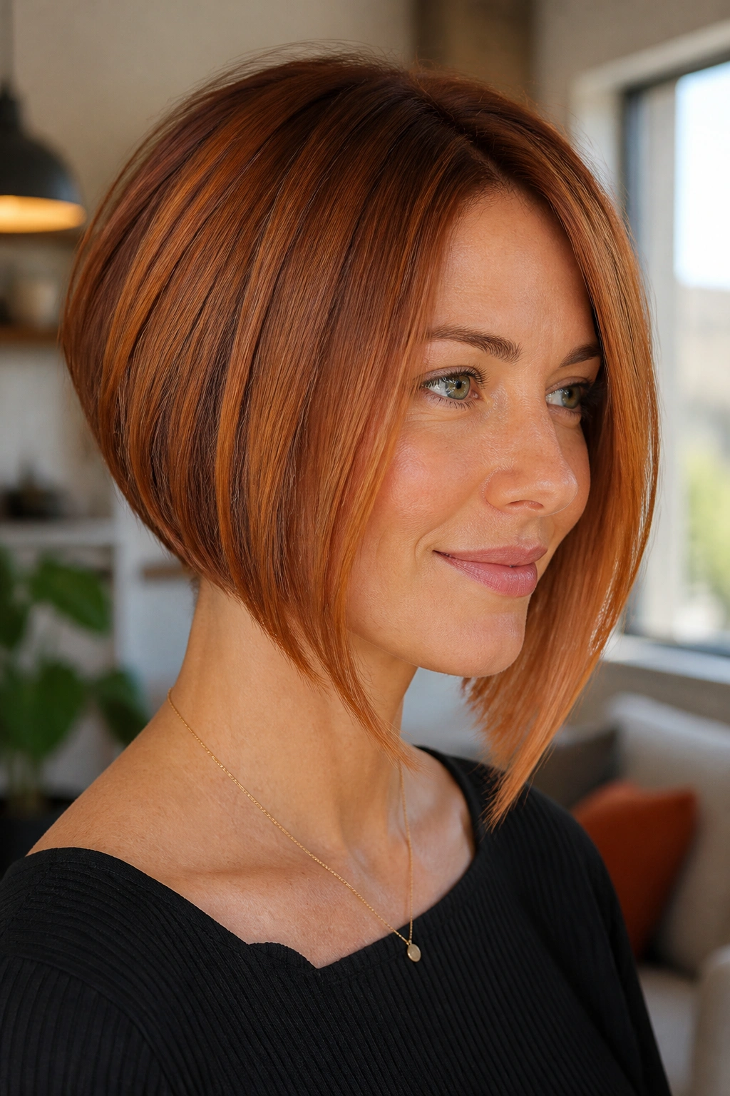 Portrait of real person with A-line copper bob, front framing the jaw