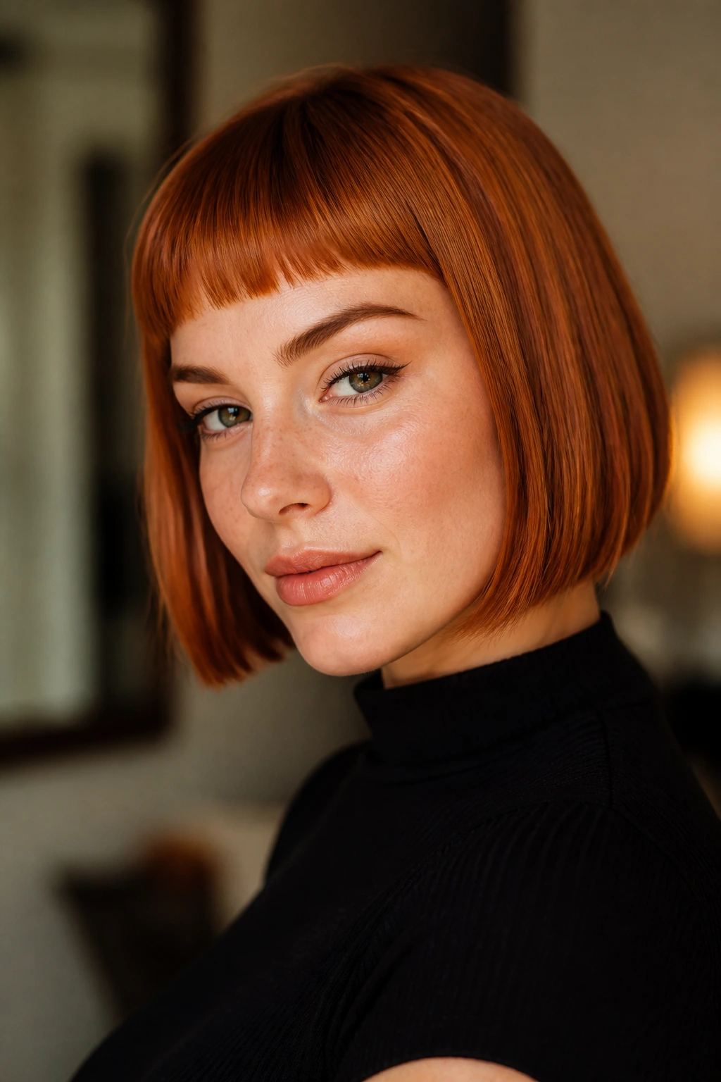 Real woman with copper bob and baby bangs; short fringe above brows.