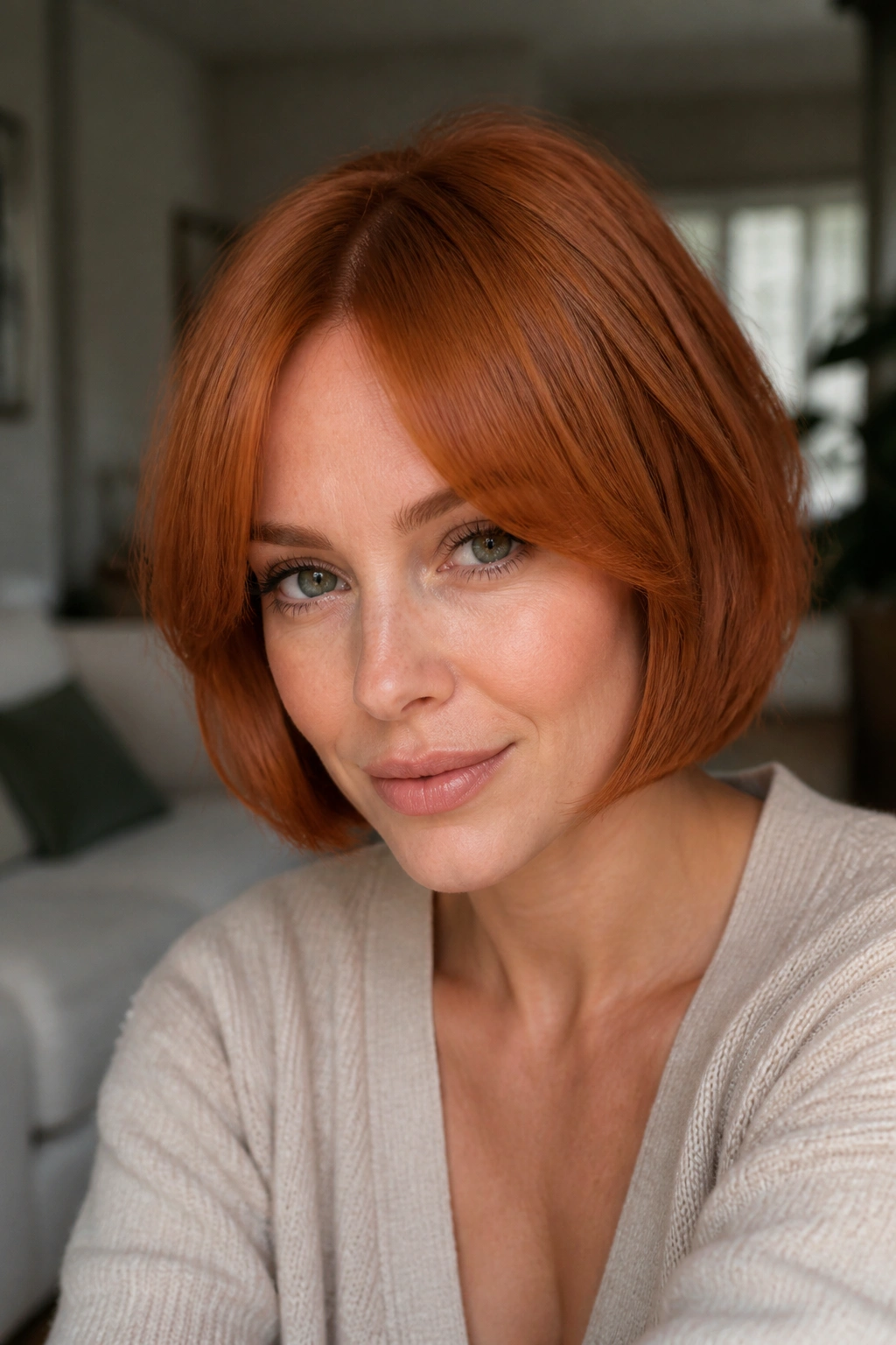 Real person with copper bob and curtain bangs in soft window light