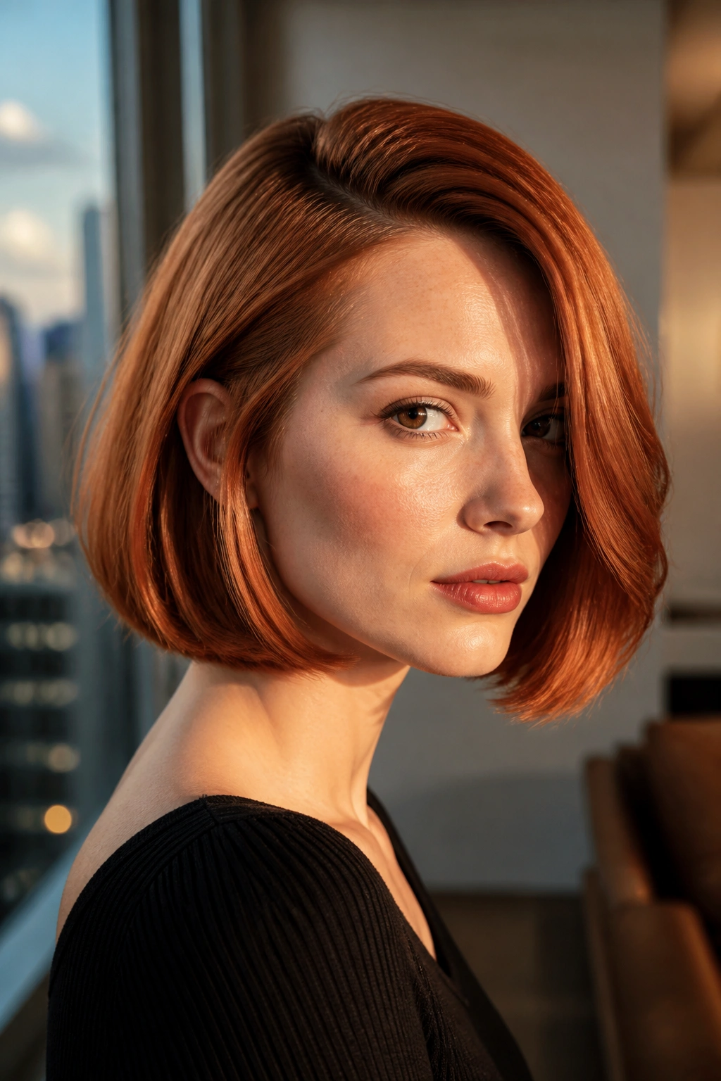Real woman with copper bob and deep side part in urban apartment lighting