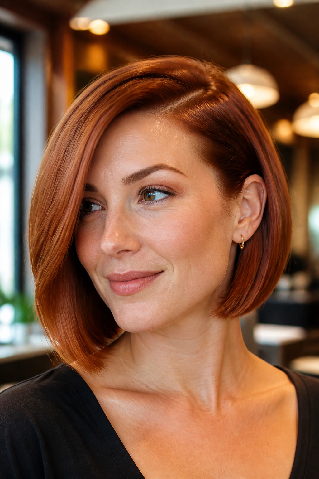 Close-up portrait of a real woman with Sleek Copper Bob with a Deep Side Part, glossy copper hair