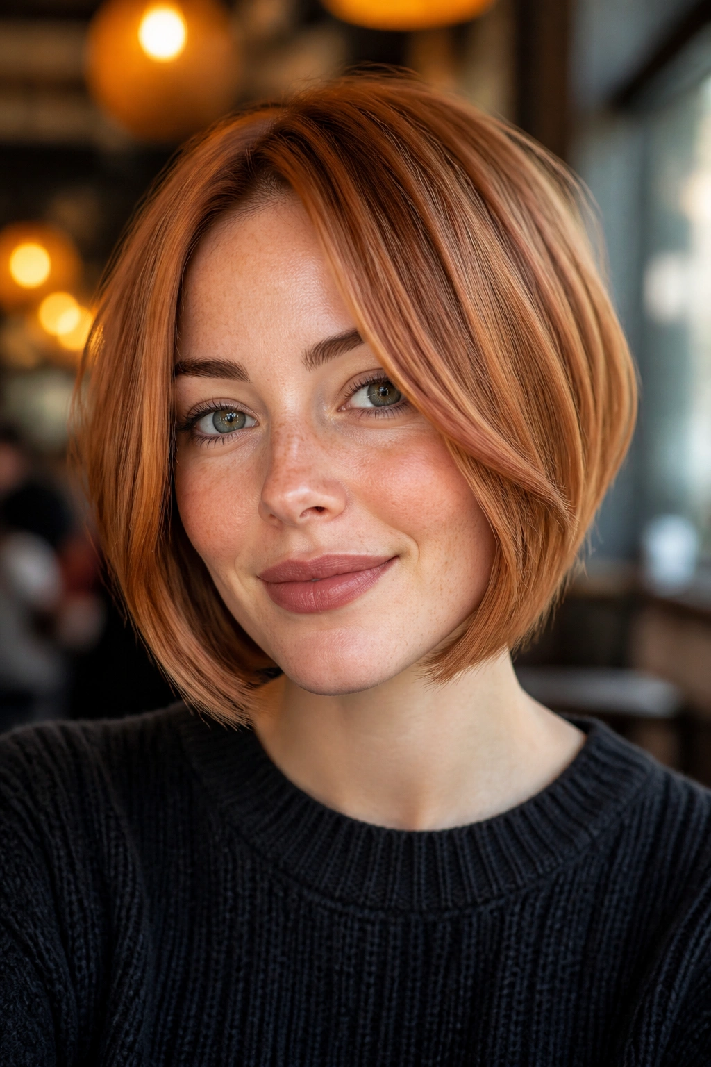 Portrait of a real woman with a copper bob and face-framing bend in warm cafe light