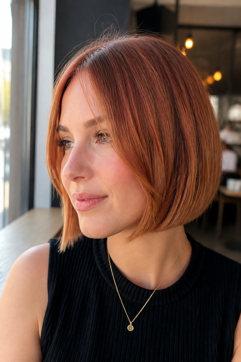 Close-up portrait of real woman with copper bob and face-framing pieces