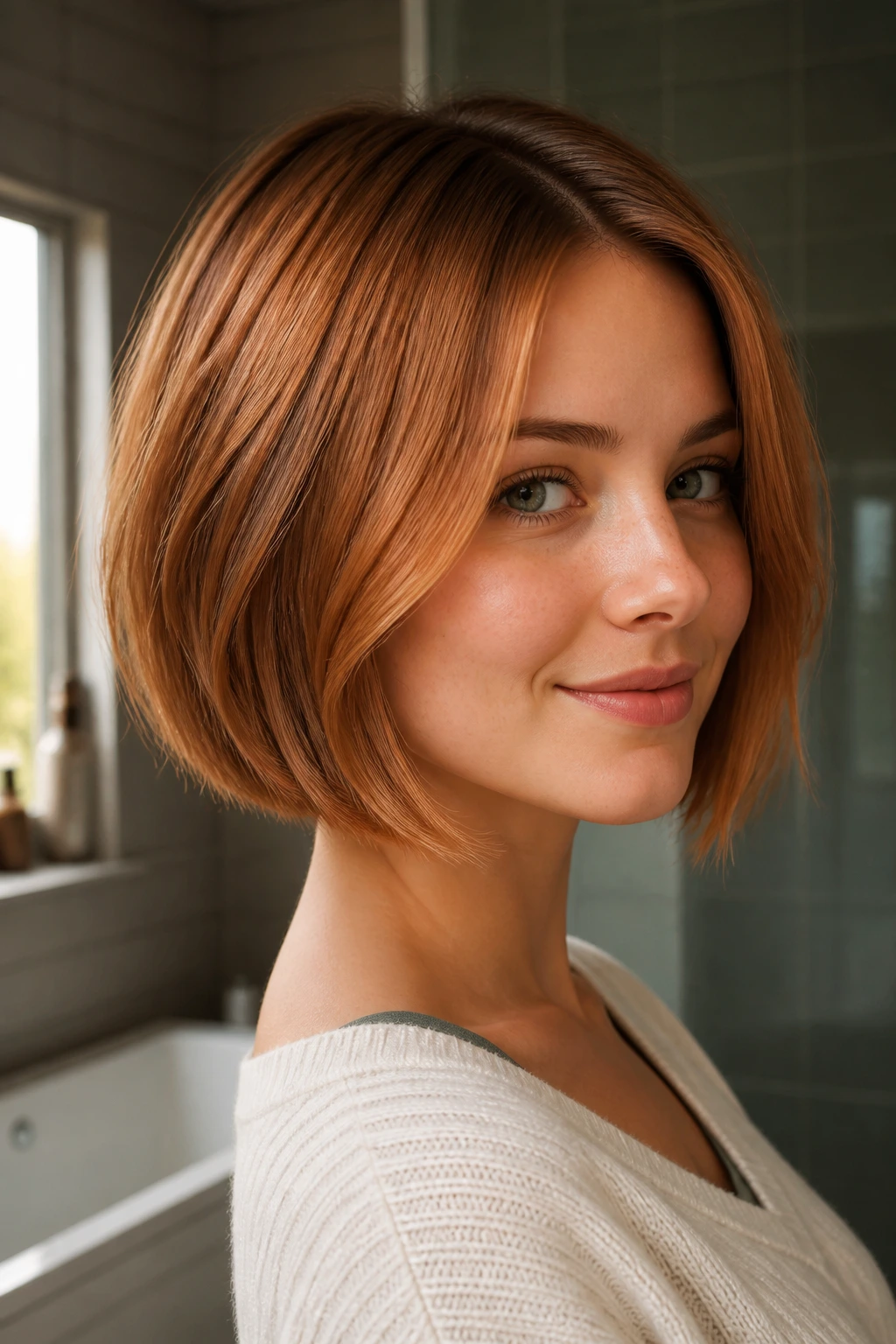 Close-up of a real woman with a soft grow-out copper bob in warm light