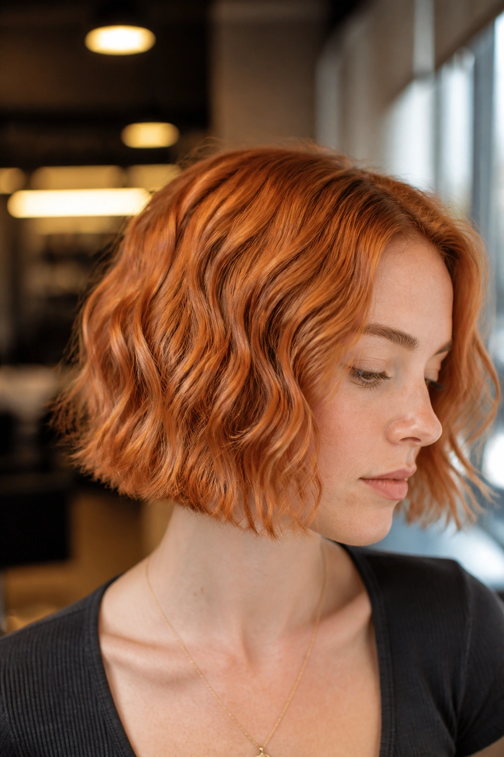 Close-up of a real person with textured copper bob and micro waves in warm light