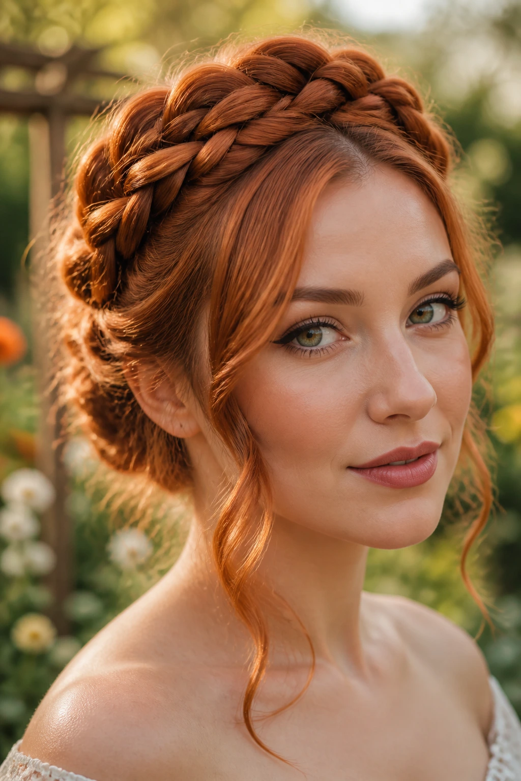 Real woman with copper braided crown and tendrils around the temples.