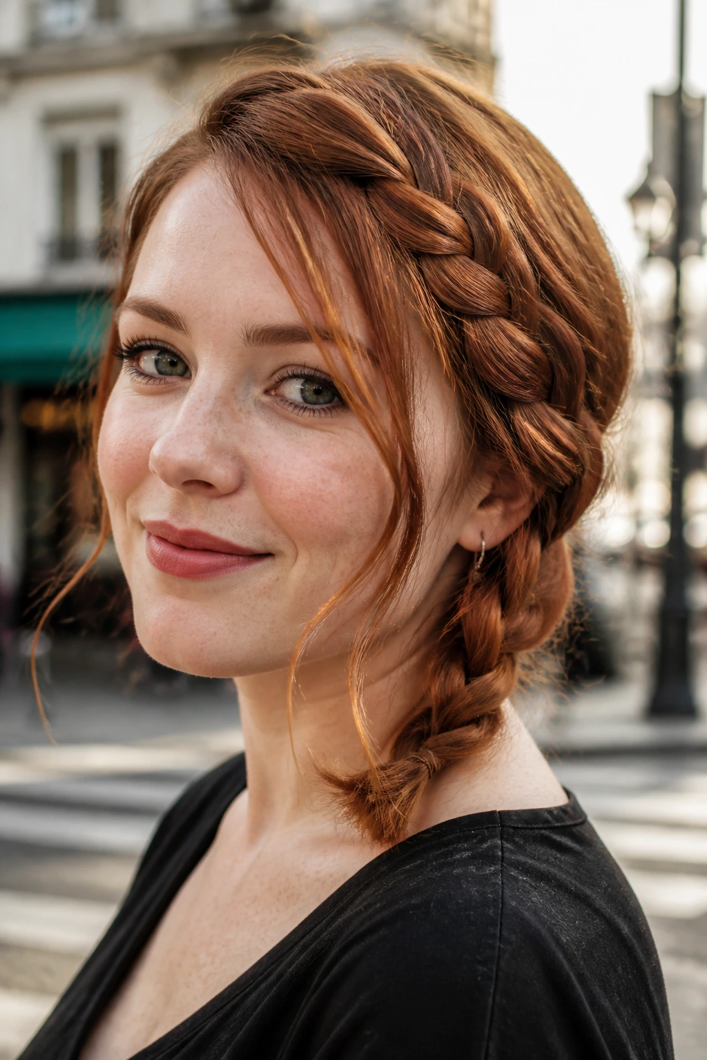 Close-up of copper braided side hairstyle on real person