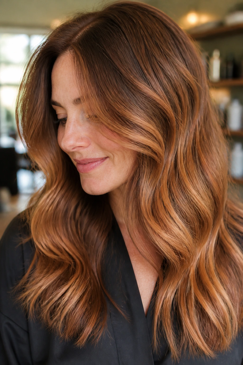 Close-up portrait of a real person with sandy brown hair and copper bronde balayage