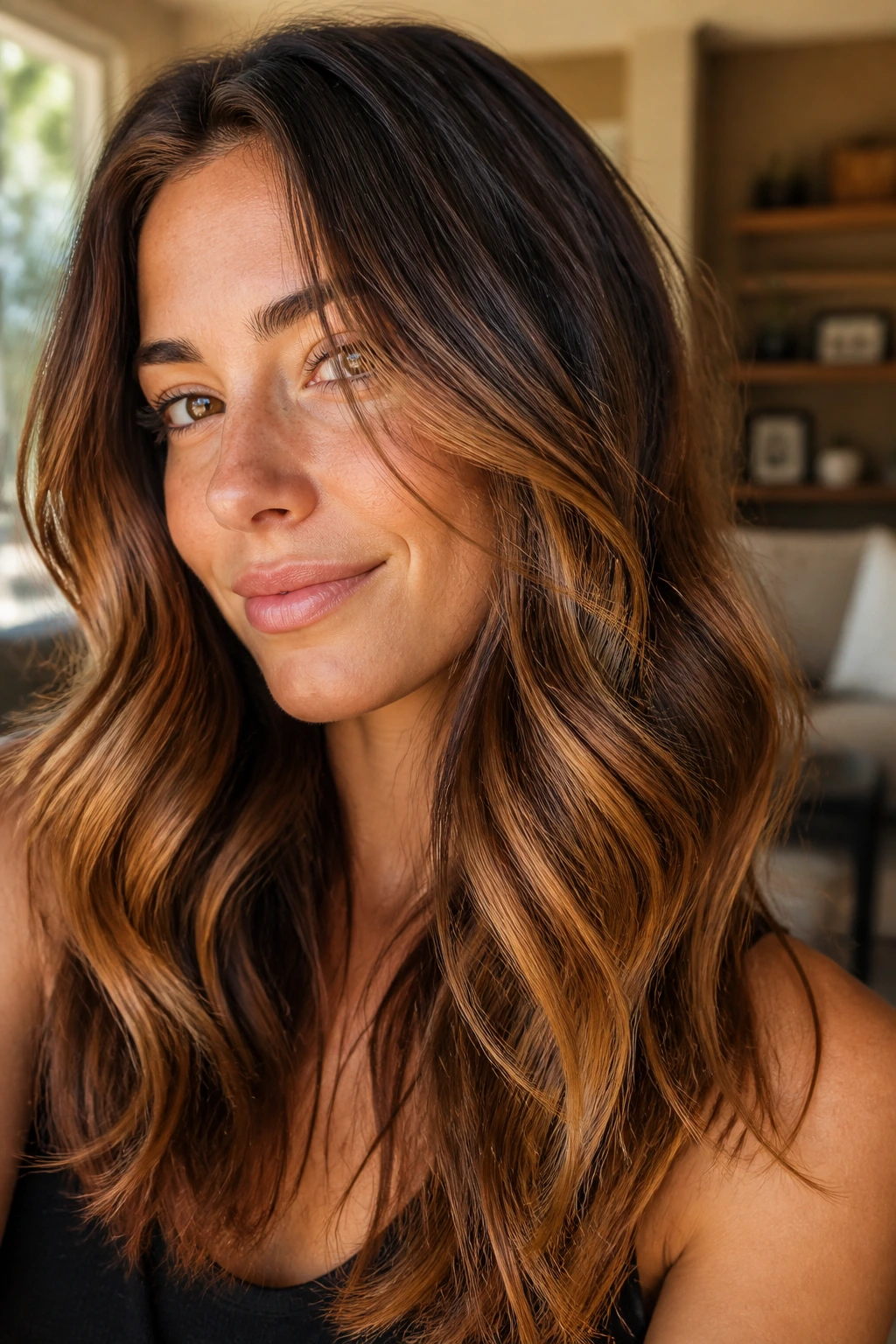 Close-up portrait of a brunette woman with copper-bronde highlights