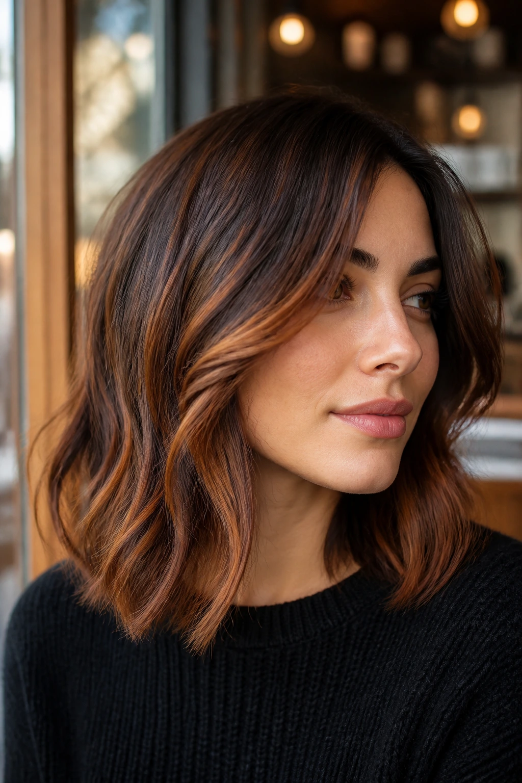 Close-up of a real woman with copper brown balayage on shoulder-length hair