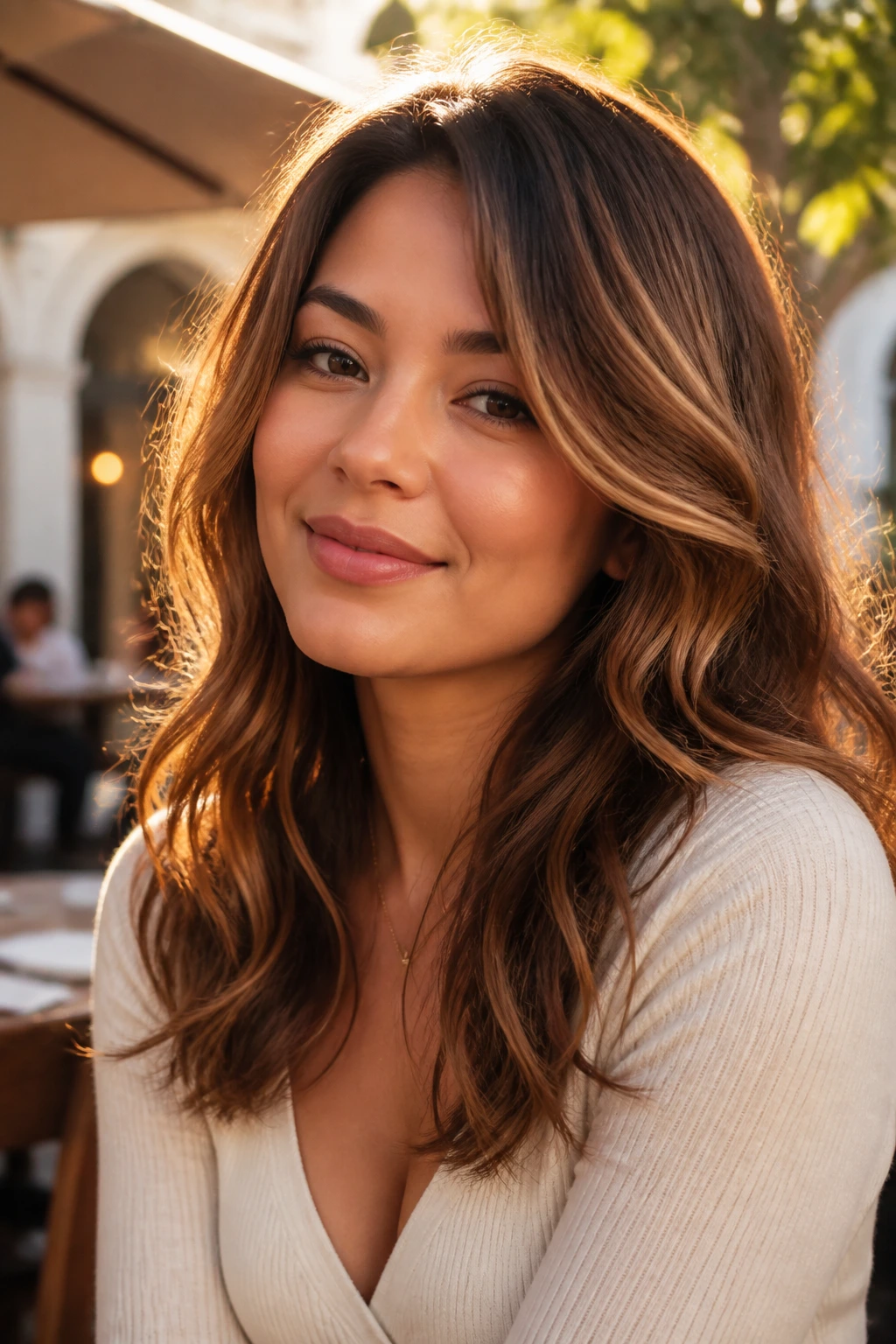 Real woman with copper-brown hair and blonde flicks near the cheeks