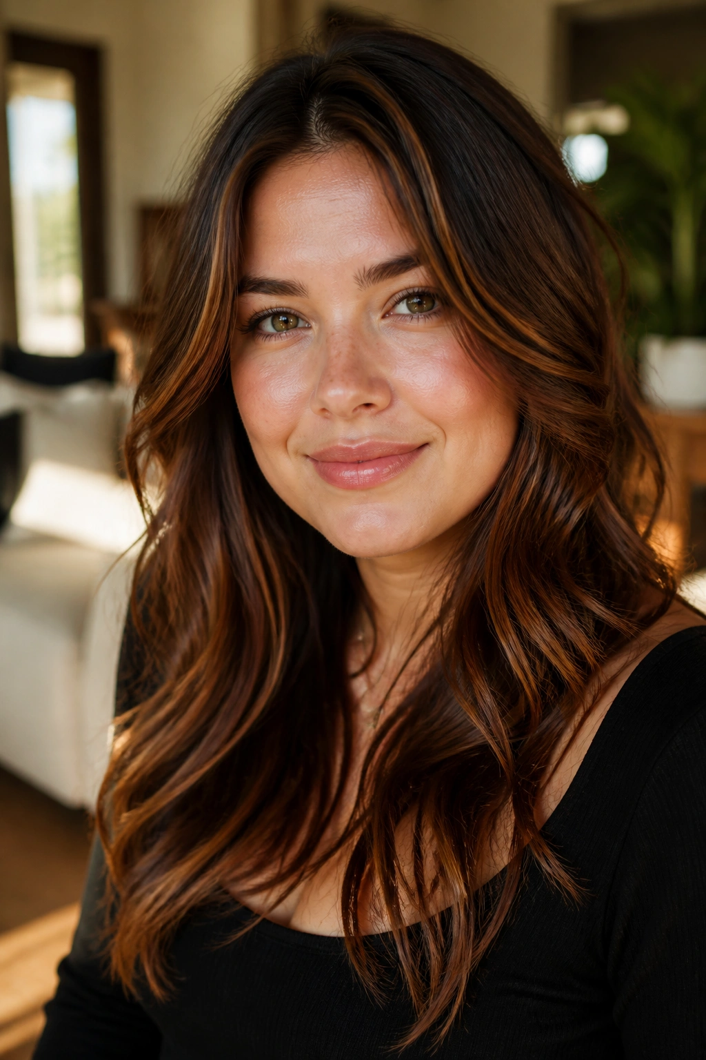 Close-up of copper-brown chocolate glow hair framing a woman's face with warm highlights