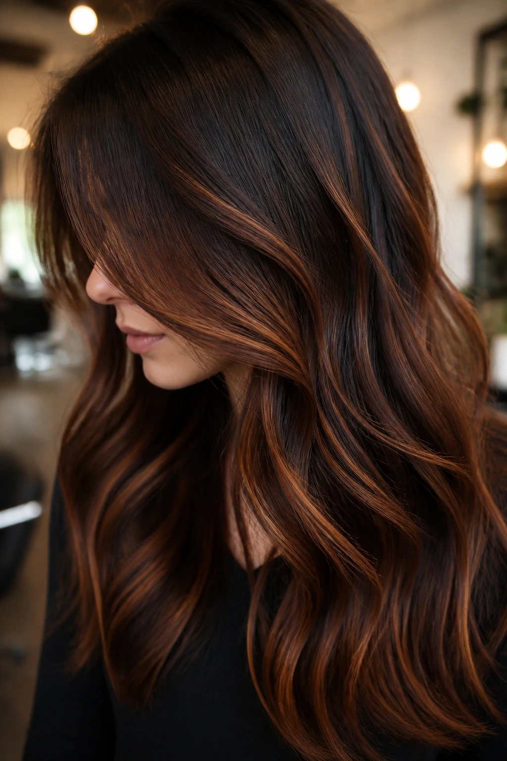 Close-up of brunette hair with copper brown lowlights weaving through the lower half