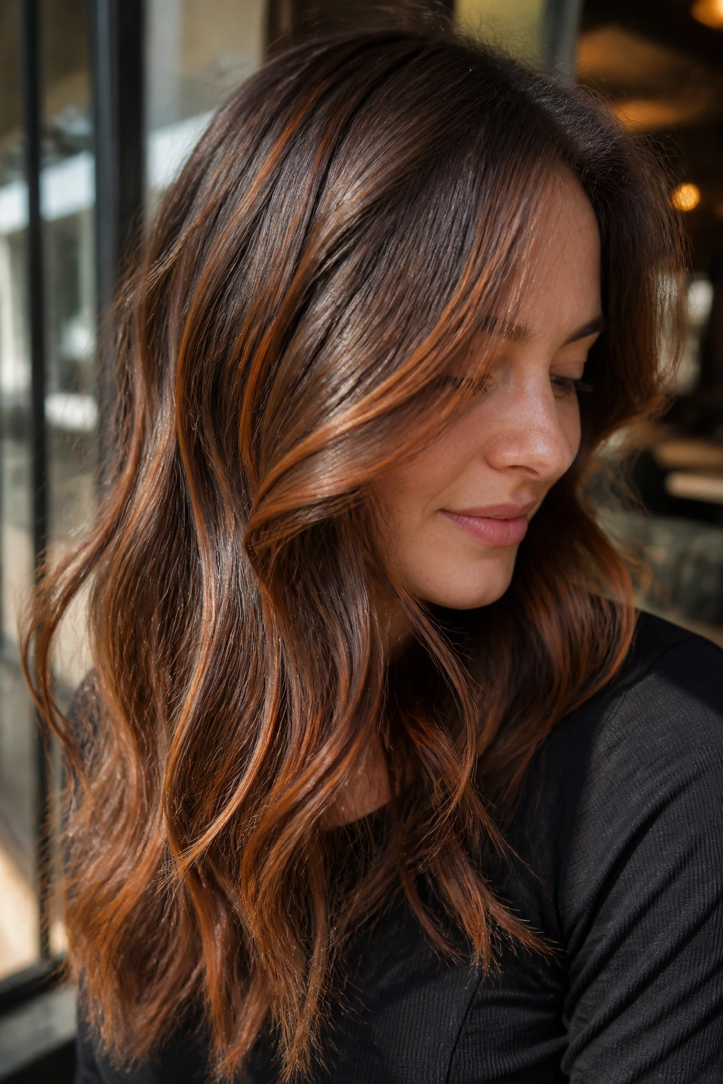 Close-up of brunette hair with copper-brown ribbons through outer layers.
