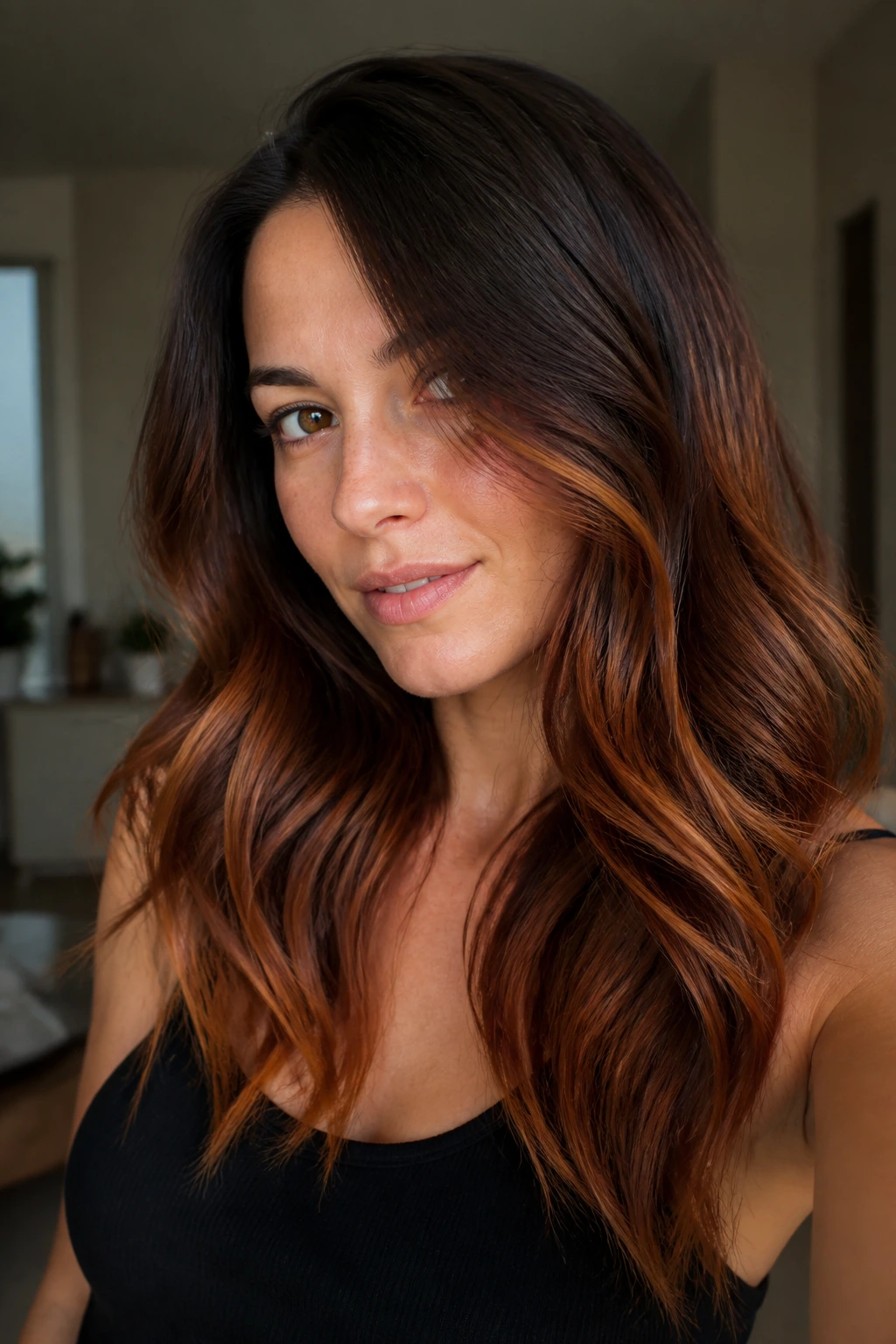 Close-up portrait of a real woman with low-maintenance copper brunette balayage on brown hair