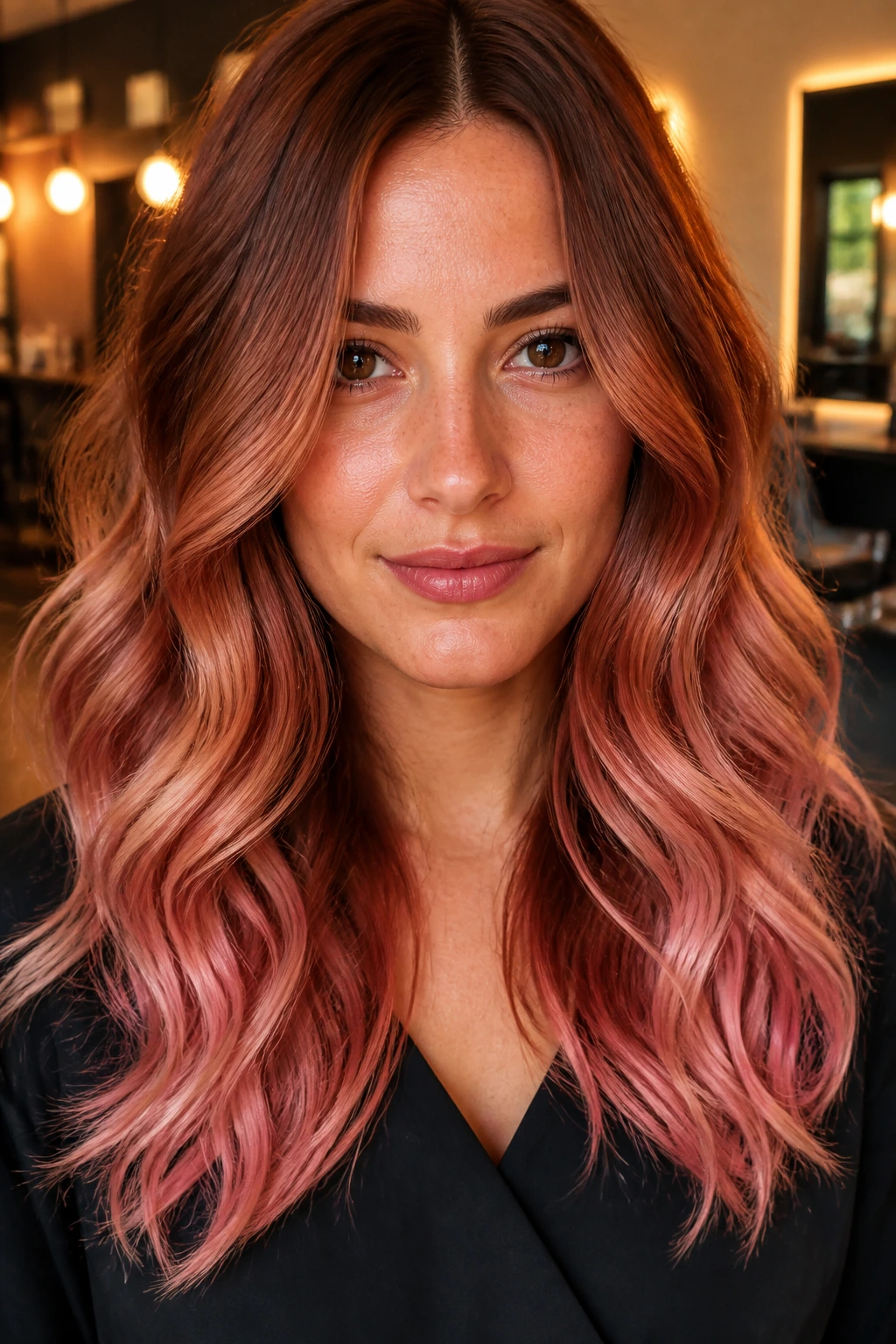 Close-up of copper brunette transitioning to metallic rose ombre on real hair