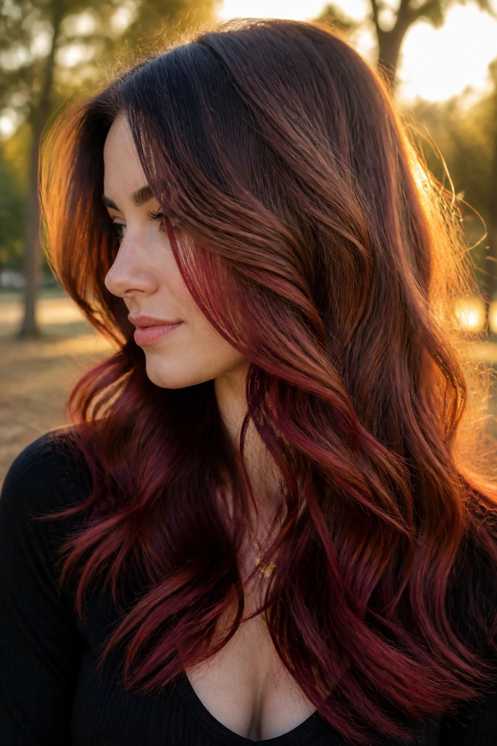 Portrait of copper-burgundy hybrid balayage with waves outdoors