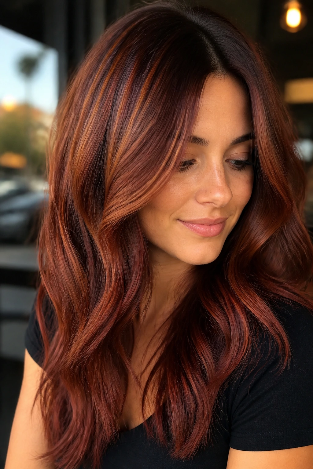 Portrait of a real person with copper-burgundy hybrid on a warm brown base